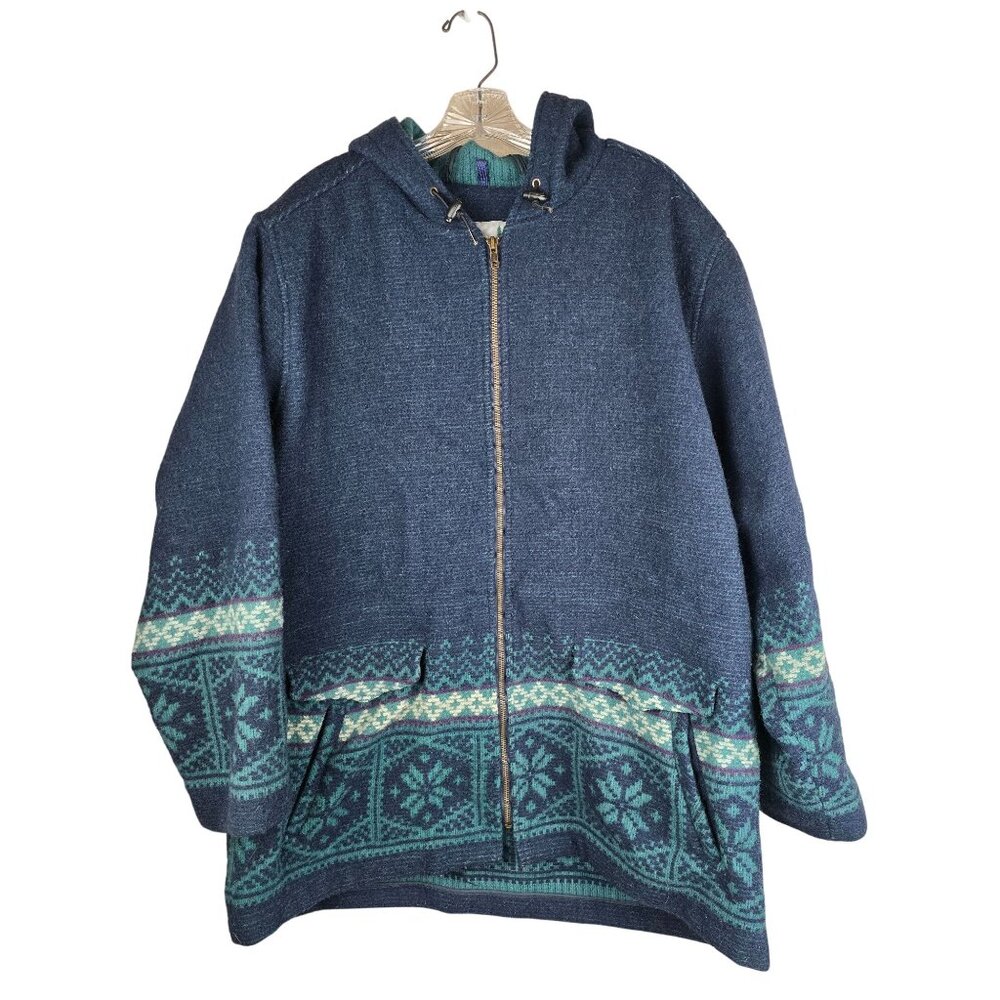 Vintage Eastern Mountain Sports Hooded Wool Jacket With Nordic Snowflake Pattern